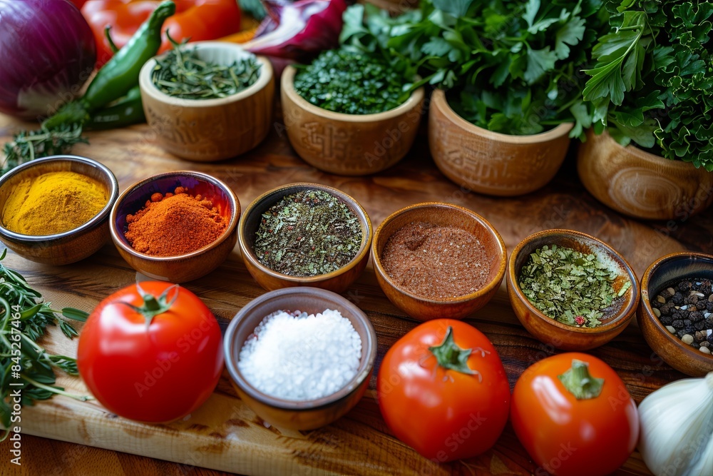 A variety of spices and fresh vegetables, including herbs, are displayed on a wooden table. Generative AI A variety of spices and fresh vegetables, including herbs, are displayed on a wooden table. Generative AI