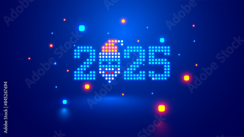 2025 New Year and happy Christmas card in digital, tech style. Pixel digits 2025 with icon Santa Claus face in pixel art. New Year card or digital tech calendar poster. Digits font 2025 new year.