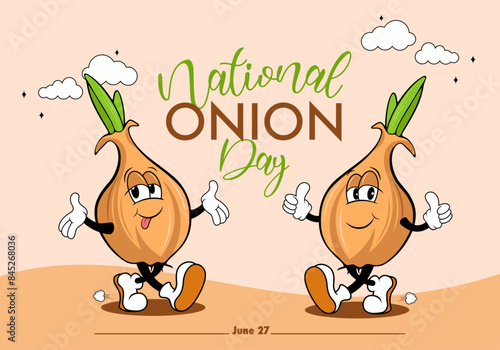 illustration design of a national day onion funny onion character in retro rubber hose style, national onion day, cartoon character onion