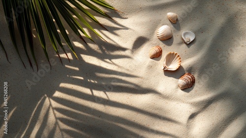 Sand beach with palm leaves shadow background for product placement