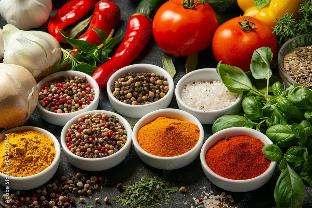 A variety of spices and fresh vegetables are laid out on a dark kitchen table, ready for cooking. Generative AI A variety of spices and fresh vegetables are laid out on a dark kitchen table, ready for cooking. Generative AI