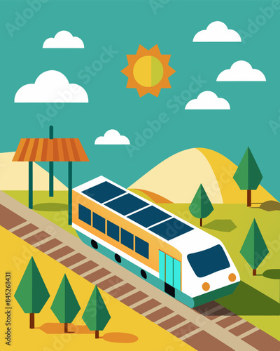 The lack of noise pollution from fossil fuels was a welcome change at the train station where solar panels silently powered the arriving and departing trains.. Vector illustration