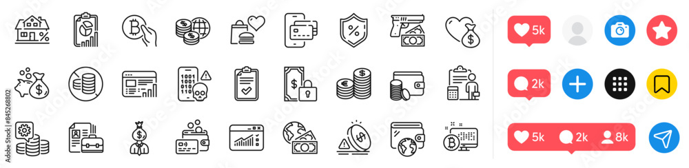 Wallet, Private payment and Robbery line icons pack. Social media icons. Web traffic, Payment method, Checklist web icon. Report, Card, Making money pictogram. Phone pay, Currency, Bitcoin pay. Vector Wallet, Private payment and Robbery line icons pack. Social media icons. Web traffic, Payment method, Checklist web icon. Report, Card, Making money pictogram. Phone pay, Currency, Bitcoin pay. Vector