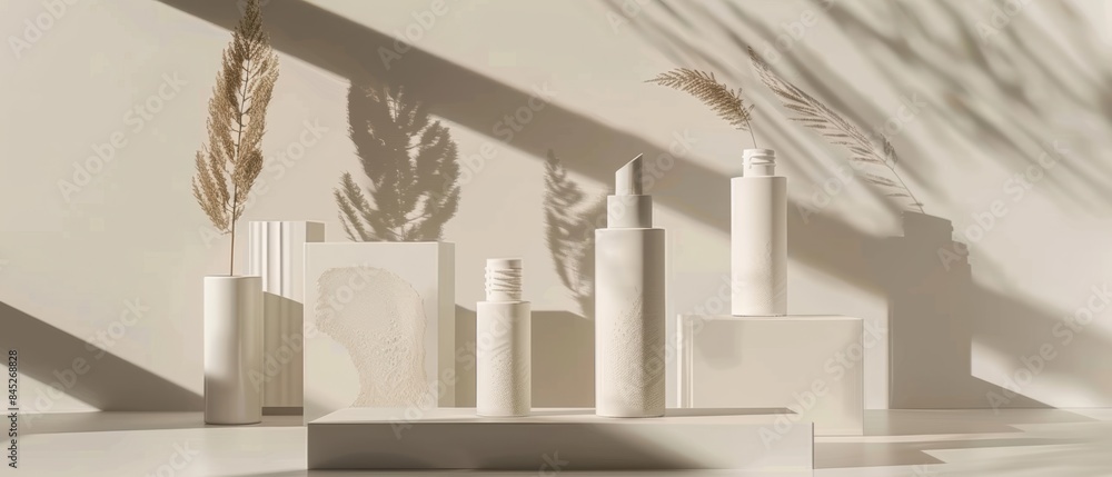 Sustainable blank cosmetic bottles with white packaging, promoting eco-friendly makeup and skincare products Sustainable blank cosmetic bottles with white packaging, promoting eco-friendly makeup and skincare products