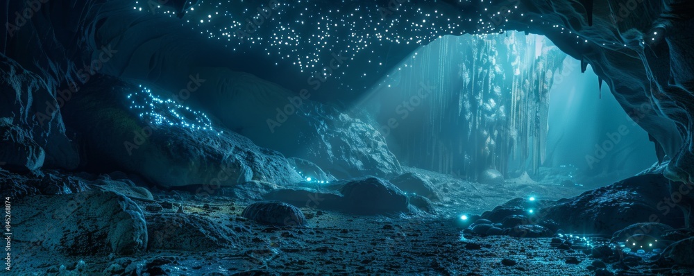Hidden cave with glowing bioluminescent fungi, 4K hyperrealistic photo ...