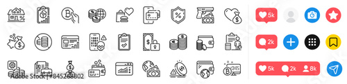 Wallet, Private payment and Robbery line icons pack. Social media icons. Web traffic, Payment method, Checklist web icon. Report, Card, Making money pictogram. Phone pay, Currency, Bitcoin pay. Vector
