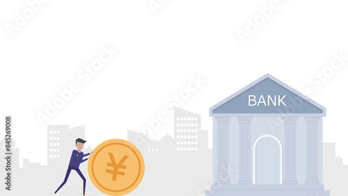 大金を転がして銀行まで運ぶ笑顔の日本人ビジネスマン