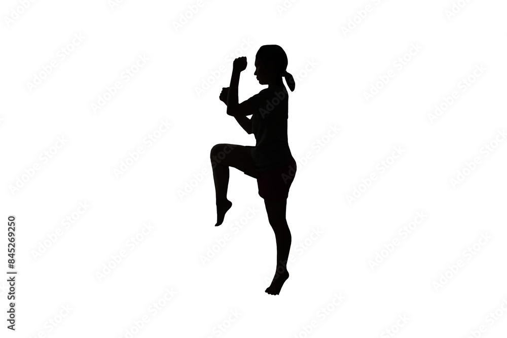 Silhouette of a woman doing knee strikes in muay thai sport, isolated on transparent background, png file. Silhouette of a woman doing knee strikes in muay thai sport, isolated on transparent background, png file.