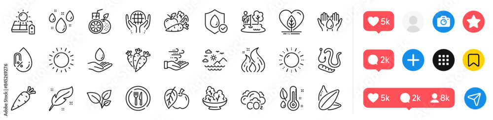 Safe water, Carrot and Feather line icons pack. Social media icons. Worms, Wind energy, Apple web icon. Sunny weather, Vegetables, Sea mountains pictogram. Food, Waterproof, No alcohol. Vector Safe water, Carrot and Feather line icons pack. Social media icons. Worms, Wind energy, Apple web icon. Sunny weather, Vegetables, Sea mountains pictogram. Food, Waterproof, No alcohol. Vector