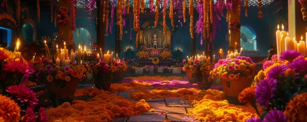 Attending a Dia de los Muertos celebration, November 2nd, colorful altars and marigold flowers, 4K hyperrealistic photo.