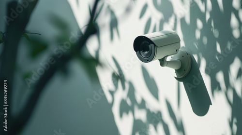 A white security camera is mounted on a wall, focusing on home surveillance photo