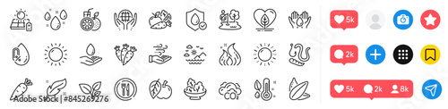 Safe water, Carrot and Feather line icons pack. Social media icons. Worms, Wind energy, Apple web icon. Sunny weather, Vegetables, Sea mountains pictogram. Food, Waterproof, No alcohol. Vector