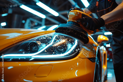 A close-up of a car detailer polishing a yellow sports car's headlight