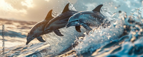Playful dolphins leaping through the waves in the sunlight, 4K hyperrealistic photo photo