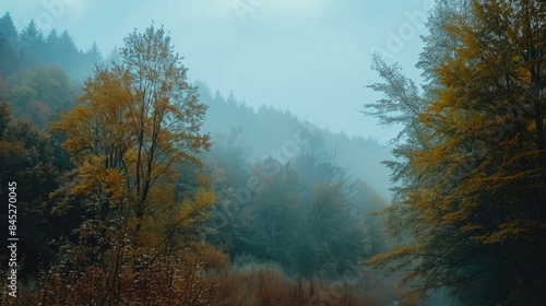 Scenic Woodland Views on a Misty Autumn Morning