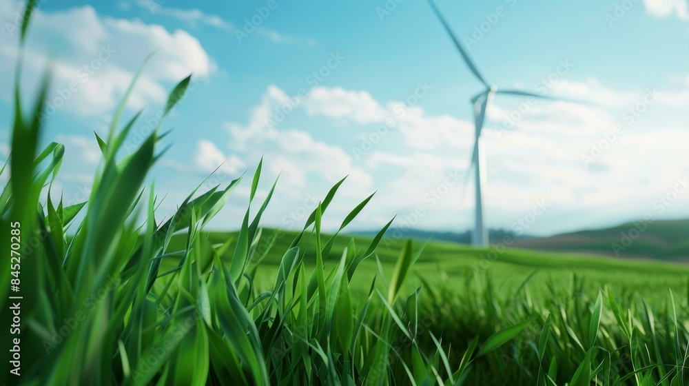 Obraz premium Green grass field close-up with a wind turbine in the background, symbolizing renewable energy and sustainable power generation