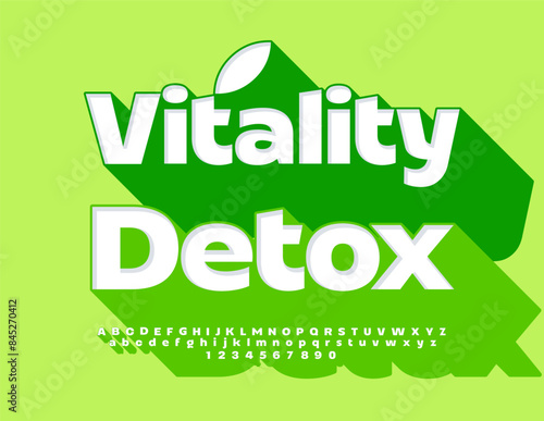 Vector quality sign Vitality Detox. Creative 3D Font with Big Green Shadow. Bright set of Alphabet Letters and Numbers.