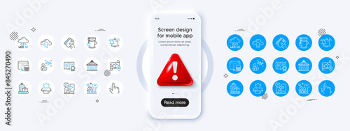 Cursor, Cloud upload and Annual tax line icons. Phone mockup with 3d danger icon. Pack of Buying house, Map, Wallet icon. Certificate, Web3, Winner podium pictogram. Vector