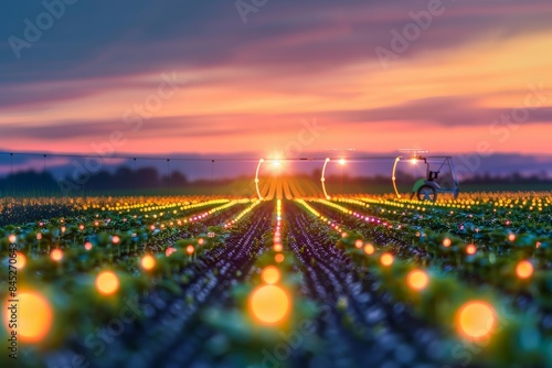 High-tech precision farming at sunset, with digital monitoring tools illuminating the field, representing modern agricultural innovations