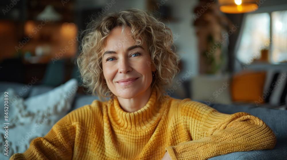 happy middle aged mature blonde casual woman sitting on the sofa in the living room, sunlight illuminating her curly hair happy middle aged mature blonde casual woman sitting on the sofa in the living room, sunlight illuminating her curly hair
