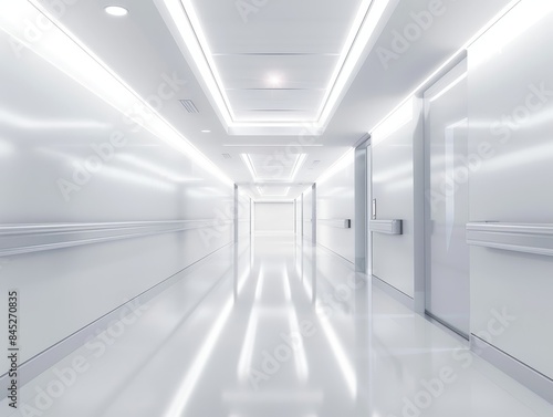 Modern hospital exit corridor with sleek design and bright lighting, emphasizing advanced healthcare infrastructure