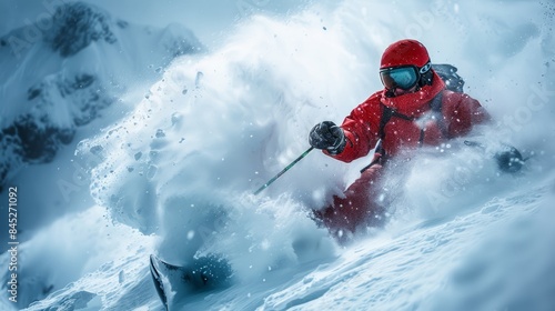photograph of An extreme skier navigating a steep, powder-filled slope, the spray of snow emphasizing their rapid descent wide angle lens.