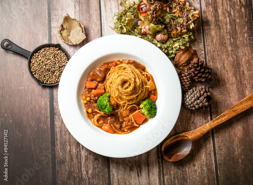 Red wine chicken noodles with carrot, broccoli, spoon and fork served in plate isolated on wooden table top view of taiwan fasfood photo