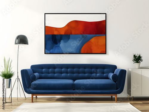 Modern living room with blue sofa against white wall and poster frame
