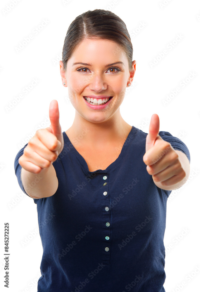Woman, happy and portrait with thumbs up in studio for support, like or agreement on white background. Face, smile and female model with emoji Ok hand, yes, or thank you, feedback or vote motivation Woman, happy and portrait with thumbs up in studio for support, like or agreement on white background. Face, smile and female model with emoji Ok hand, yes, or thank you, feedback or vote motivation