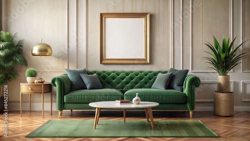 green sofa, retro wooden table, mock up gorisontal poster frame, decoration , carpet and personal accessories in elegant home decor