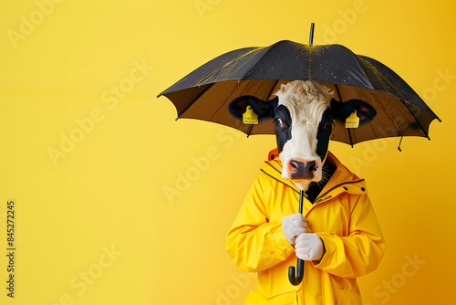Funny cute cow with umbrella on yellow background. Rainy season.