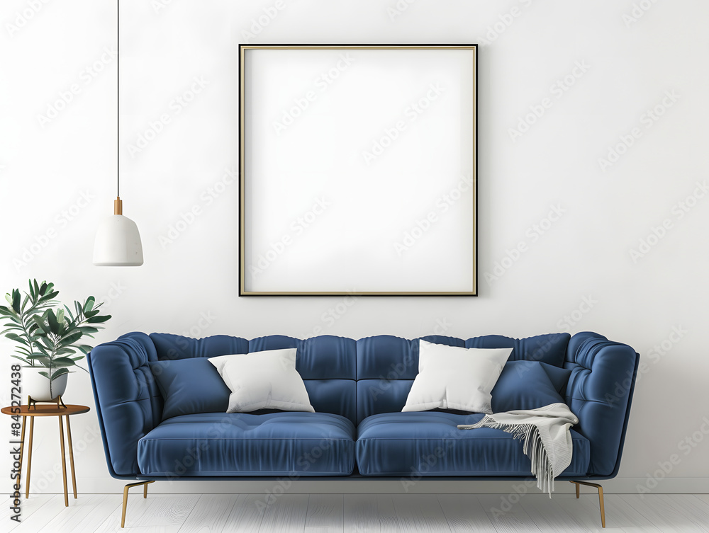 Modern living room with blue sofa against white wall and poster frame Modern living room with blue sofa against white wall and poster frame