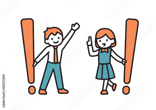 大きなびっくりマークを手に、ひらめく男子生徒と女子生徒のイラスト