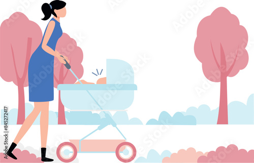 A girl is carrying a baby in a cradle.