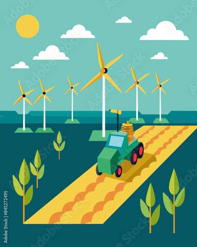 Surrounded by towering windmills a solarpowered seed drill planted rows of corn with precision and efficiency.. Vector illustration