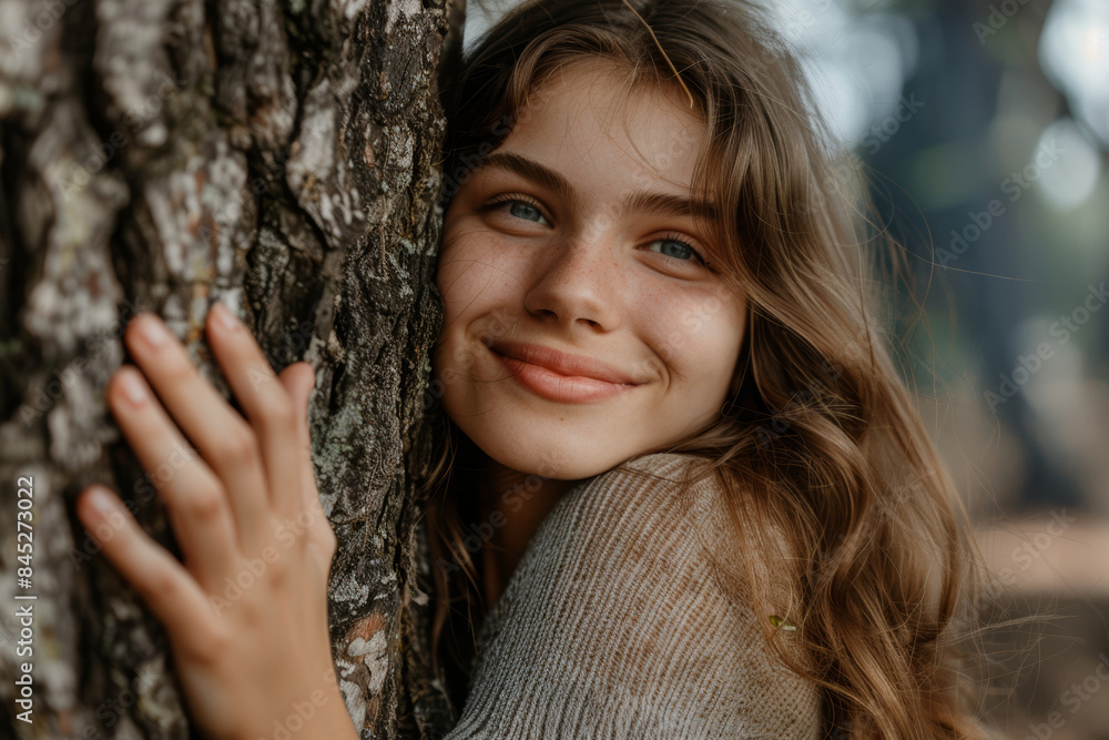 a Caucasian woman as she tenderly embraces a tree in the forest during springtime, her delighted smile echoing the profound joy of connecting with nature. a Caucasian woman as she tenderly embraces a tree in the forest during springtime, her delighted smile echoing the profound joy of connecting with nature.