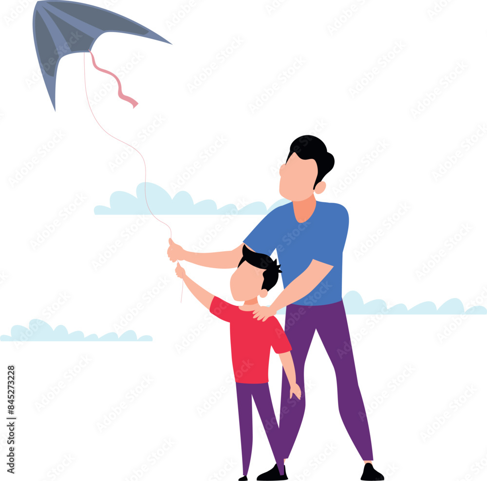 The boy is flying kite with the kid. The boy is flying kite with the kid.