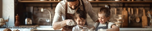 Dad and kids preparing breakfast with flour everywhere, copy space, Father s Day fun, whimsical, fusion, messy kitchen backdrop © Nathakorn