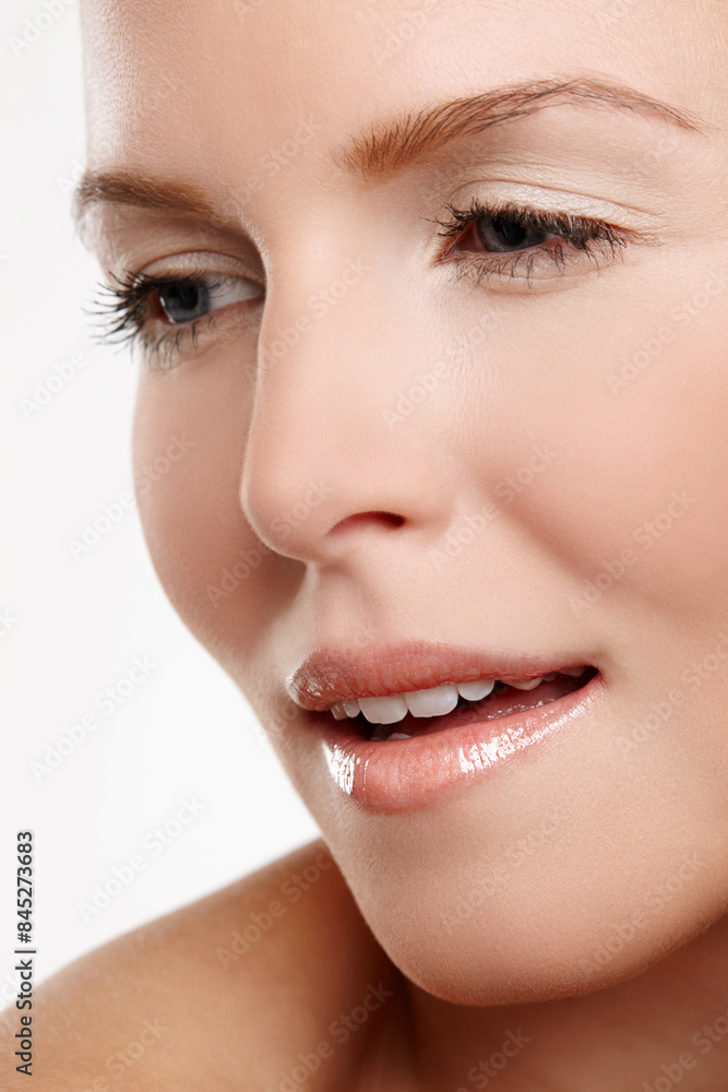 Woman, smooth skin and confident cosmetic in studio, makeup and skincare on white background. Female person, beauty and proud of dermatology foundation results, natural and facial treatment or soft