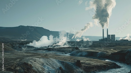 Volcanic landscape with smokestacks in Iceland. Toned.