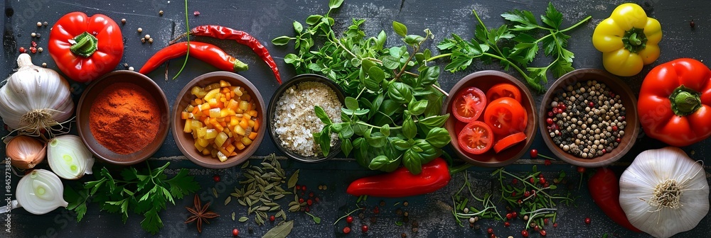 A flat lay of fresh vegetables and spices on a kitchen table, showcasing vibrant red bell peppers, tomatoes, onions, garlic, herbs, and various spices in small bowls. Generative AI