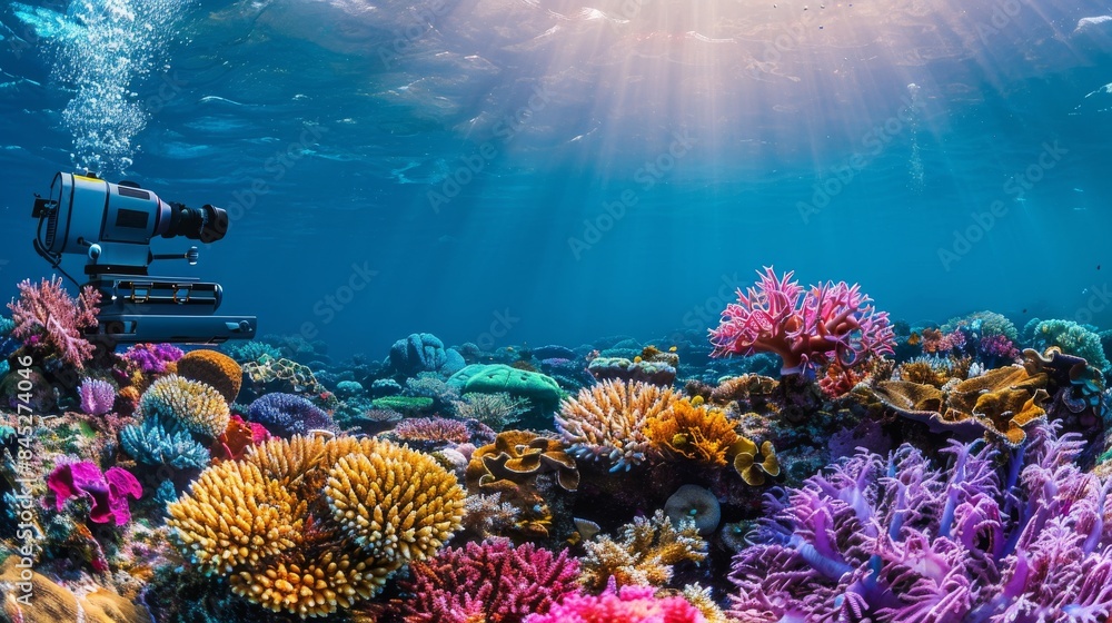 Naklejka premium Coral reef with a camera and sunlight. Underwater photography.