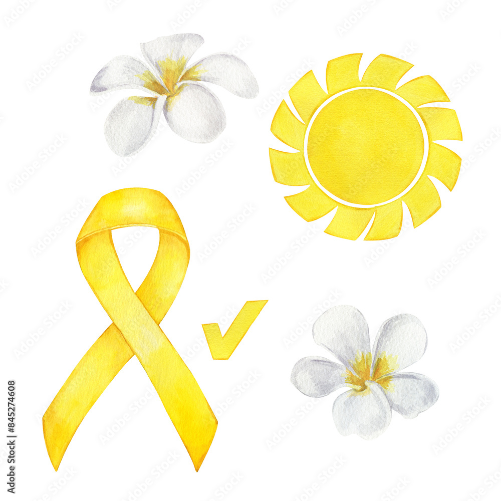 Watercolor set of yellow sun, ribbon, check mark and white Plumeria ...