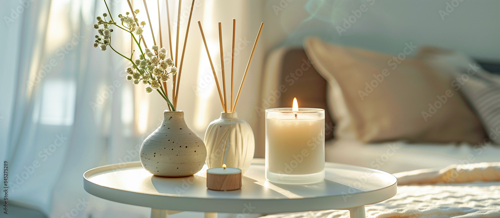 luxurious bedroom setting, an aromatic scented candle and reed diffuser to create a relaxing ambiance luxurious bedroom setting, an aromatic scented candle and reed diffuser to create a relaxing ambiance