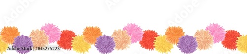 Watercolor banner with colorful pom poms. Seamless pattern with trends colors: pink, beige, red and purple. Holidays and party theme. Hand drawn illustration isolated on transparent.