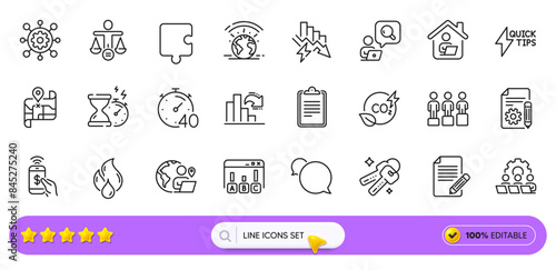 Outsource work, Teamwork and Saving electricity line icons for web app. Pack of Puzzle, Greenhouse, Hourglass timer pictogram icons. Map, Work home, Clipboard signs. Messenger, Keys. Vector