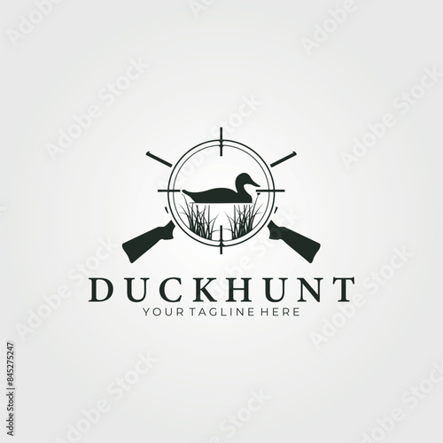 duck hunt at the river logo vector vintage illustration