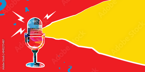 Retro microphone on red and yellow background. Podcasting and creativity in music concept