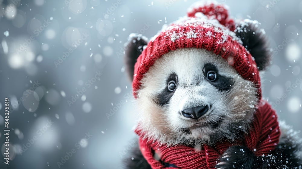 A cute panda wearing a red knitted hat and scarf, looking at the camera in a snowy winter scene. A cute panda wearing a red knitted hat and scarf, looking at the camera in a snowy winter scene.