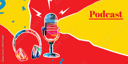Retro microphone with headphones on red and yellow background. Podcasting and creativity in music concept